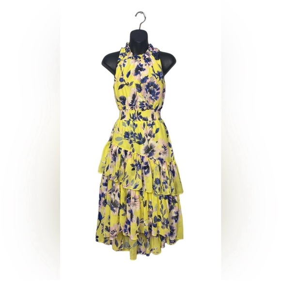 Eliza J NWOT Women's 0 Floral Asymmetrical Tiered Ruffle Dress Bright Yellow - Picture 1 of 6